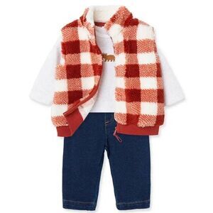 Little Me Buffalo Check Sherpa Vest, Cotton Bodysuit & Denim Pants Set Size 9m